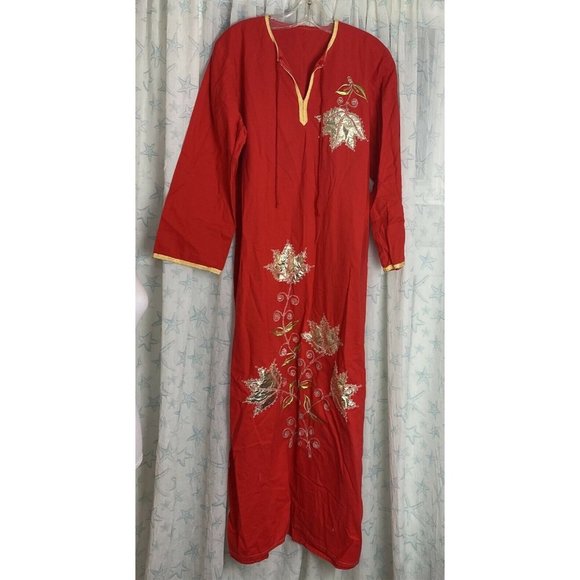 Vintage Kaftan Loungewear Nightgown Red Long Embellished Embroidered - Picture 1 of 8